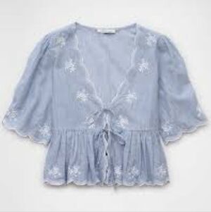 American Eagle Women's Large Blue Striped Top Floral Embroidered Boho Festival